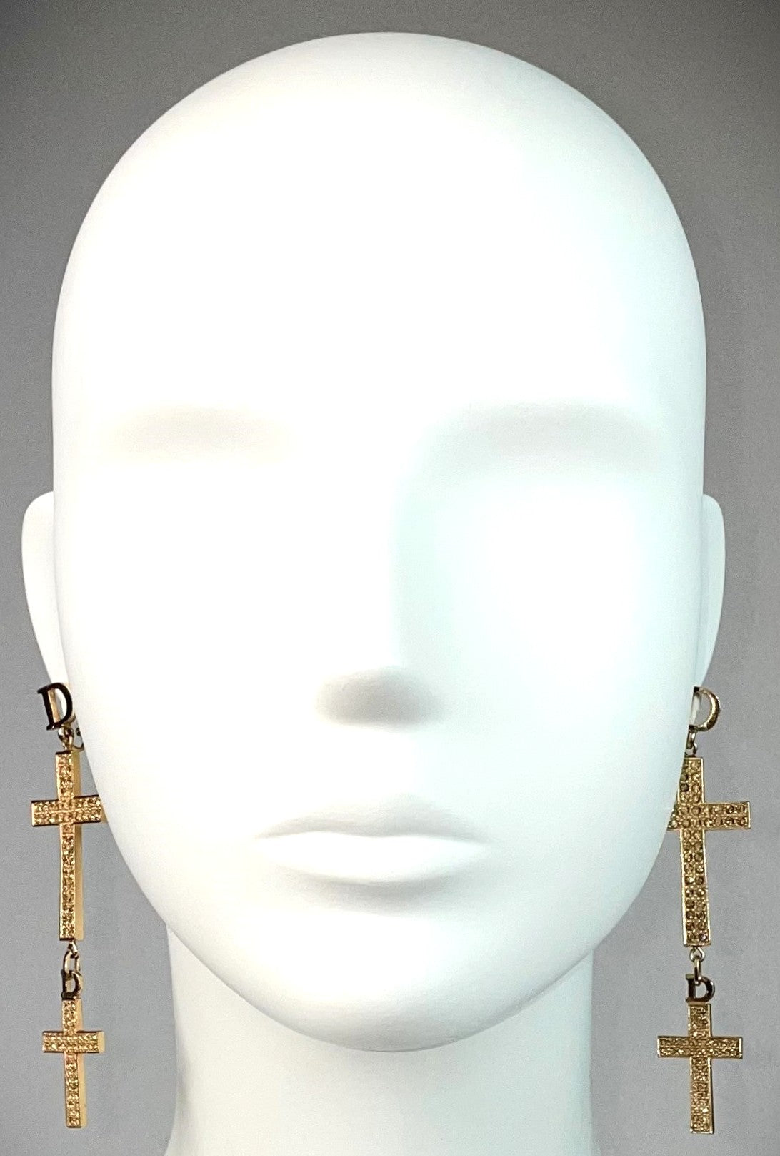 2000's Christian Dior by John Galliano Extra Long Gold Crystal Logo Crucifix Cross Earrings