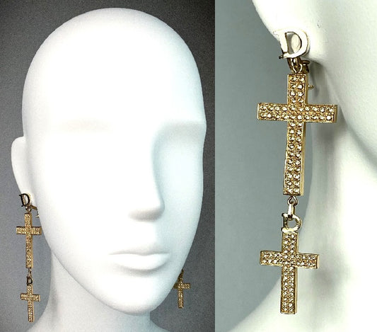 2000's Christian Dior by John Galliano Extra Long Gold Crystal Logo Crucifix Cross Earrings