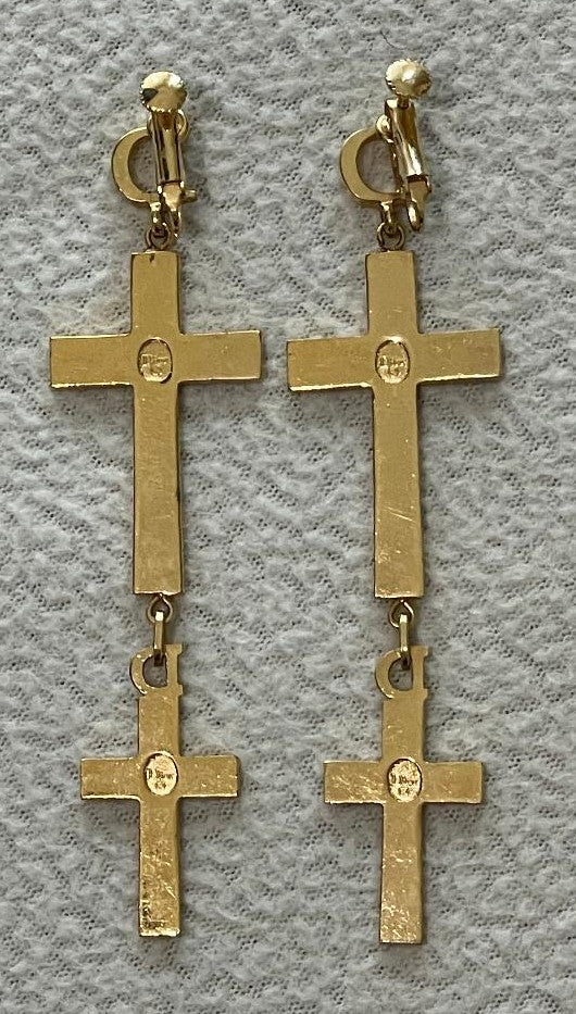 2000's Christian Dior by John Galliano Extra Long Gold Crystal Logo Crucifix Cross Earrings