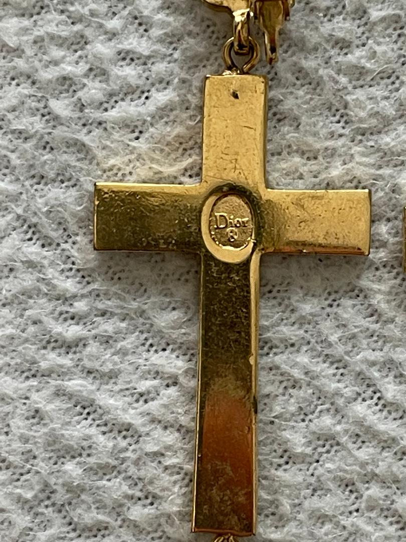 2000's Christian Dior by John Galliano Extra Long Gold Crystal Logo Crucifix Cross Earrings