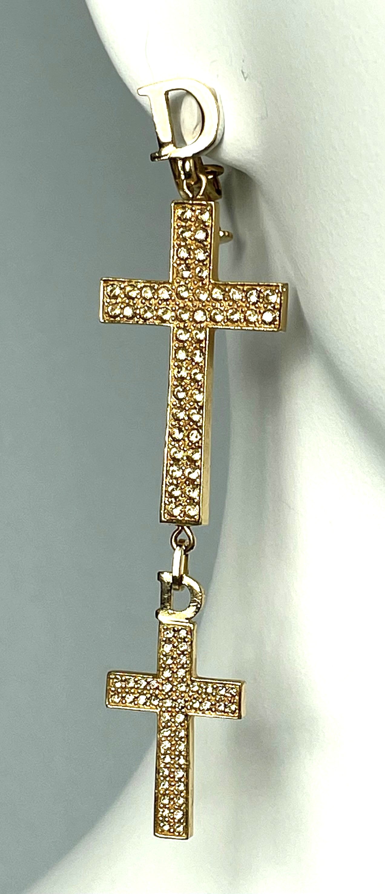 2000's Christian Dior by John Galliano Extra Long Gold Crystal Logo Crucifix Cross Earrings