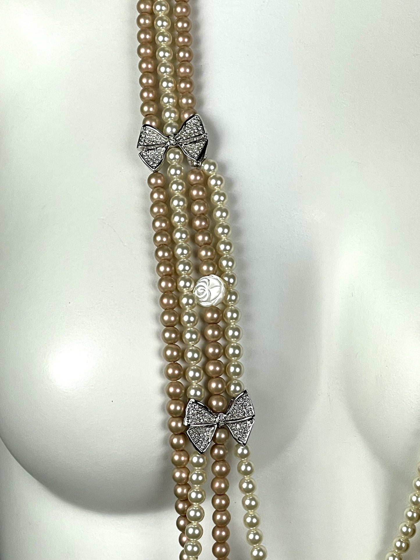 2000's Christian Dior by John Galliano Long Layered Ivory & Champagne Pearl Crystal Bow Necklace