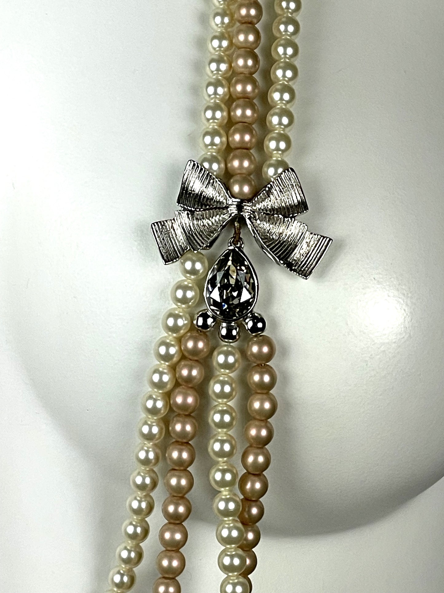 2000's Christian Dior by John Galliano Long Layered Ivory & Champagne Pearl Crystal Bow Necklace