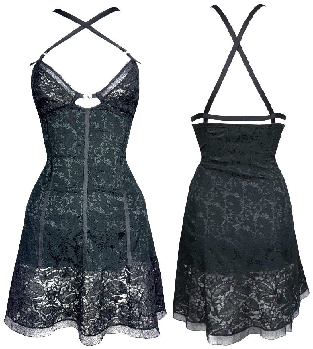 2000's Christian Dior x John Galliano Black Lolita Goth Babydoll Bow Brocade Lace Halter Sexy Mini LBD Dress