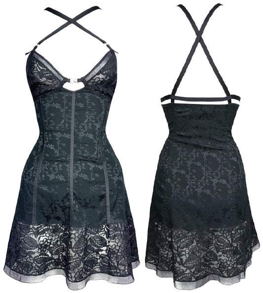 2000's Christian Dior x John Galliano Black Lolita Goth Babydoll Bow Brocade Lace Halter Sexy Mini LBD Dress