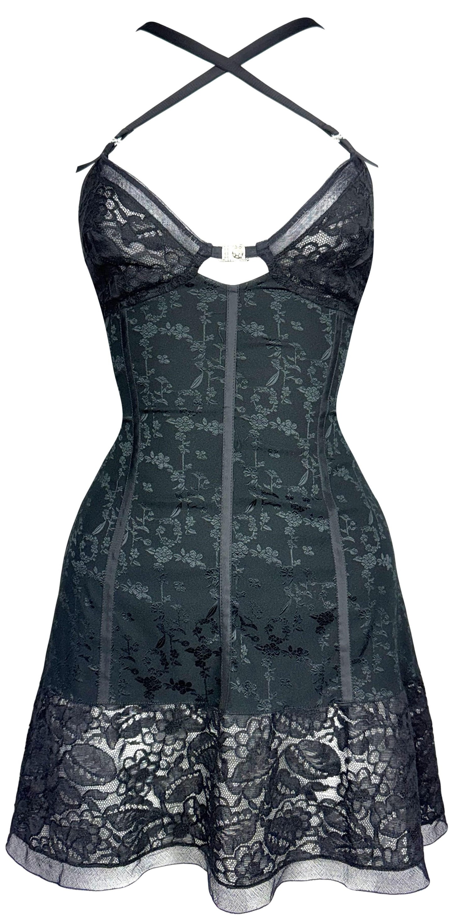 2000's Christian Dior x John Galliano Black Lolita Goth Babydoll Bow Brocade Lace Halter Sexy Mini LBD Dress