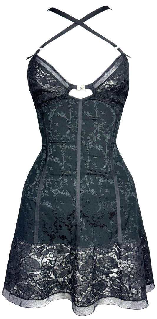 2000's Christian Dior x John Galliano Black Lolita Goth Babydoll Bow Brocade Lace Halter Sexy Mini LBD Dress