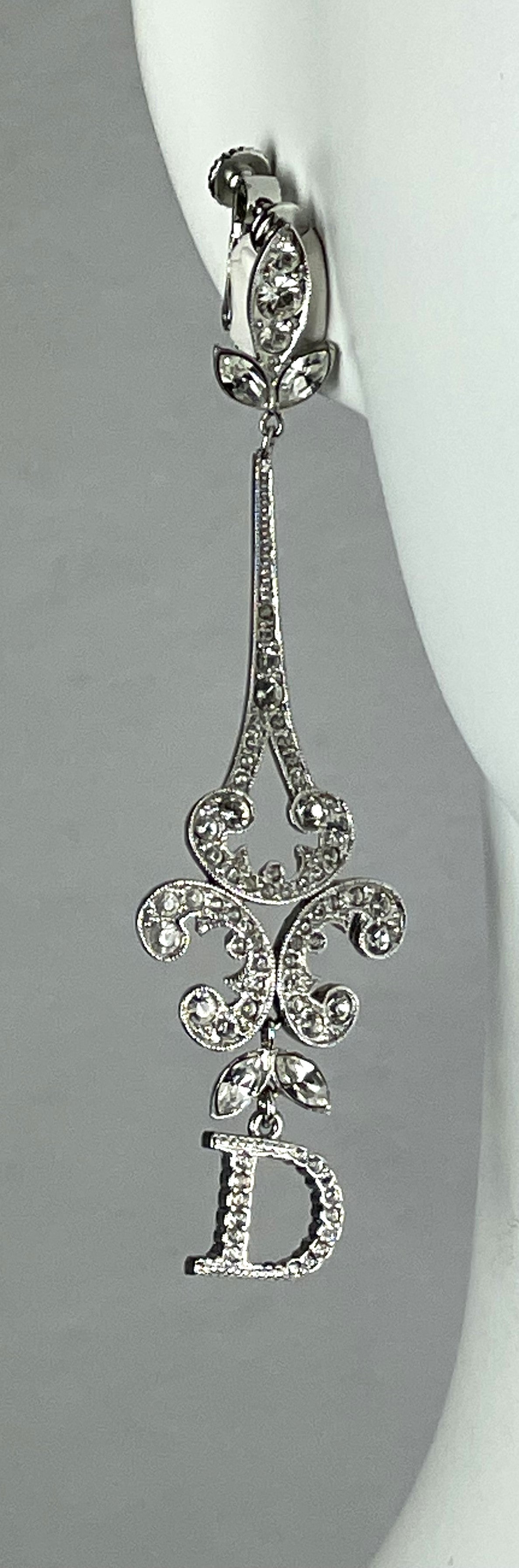C. 2001 Christian Dior by John Galliano Long Silver Crystal Logo Chandelier Earrings