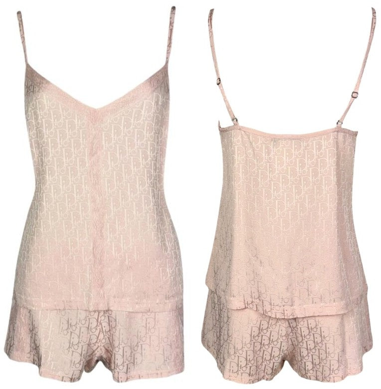2000's Christian Dior x John Galliano Pastel Pink Logo Trotter Monogram Lace Cami Tank Top & Shorts Set