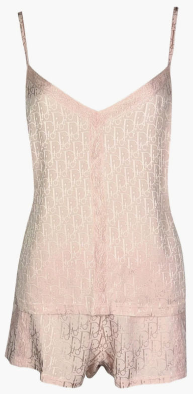 2000's Christian Dior x John Galliano Pastel Pink Logo Trotter Monogram Lace Cami Tank Top & Shorts Set