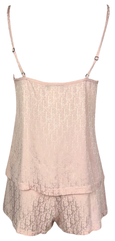 2000's Christian Dior x John Galliano Pastel Pink Logo Trotter Monogram Lace Cami Tank Top & Shorts Set