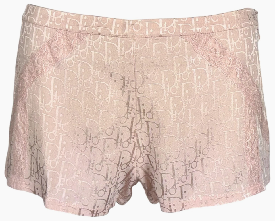 2000's Christian Dior x John Galliano Pastel Pink Logo Trotter Monogram Lace Cami Tank Top & Shorts Set