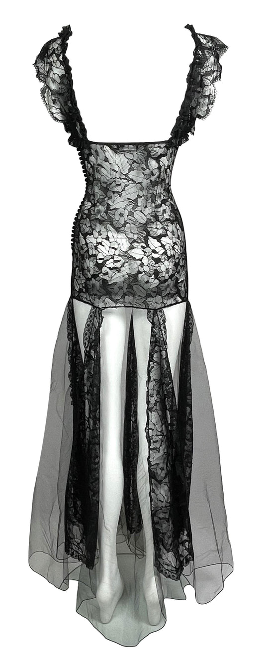 F/W 2002 Christian Dior by John Galliano Sheer Black Tulle & Lace Ballerina Maxi Dress