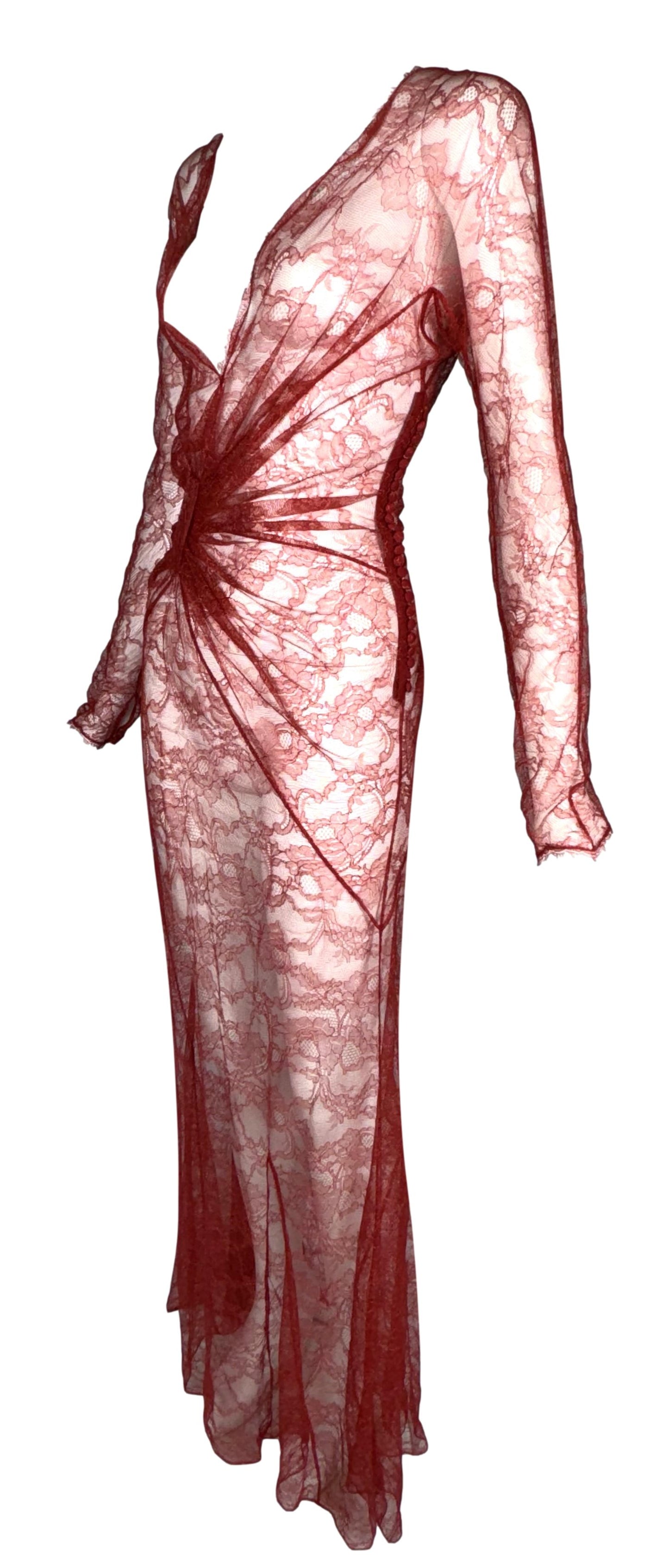 F/W 2009 Christian Dior by John Galliano Sheer Red Lace Long Sleeve Maxi Dress