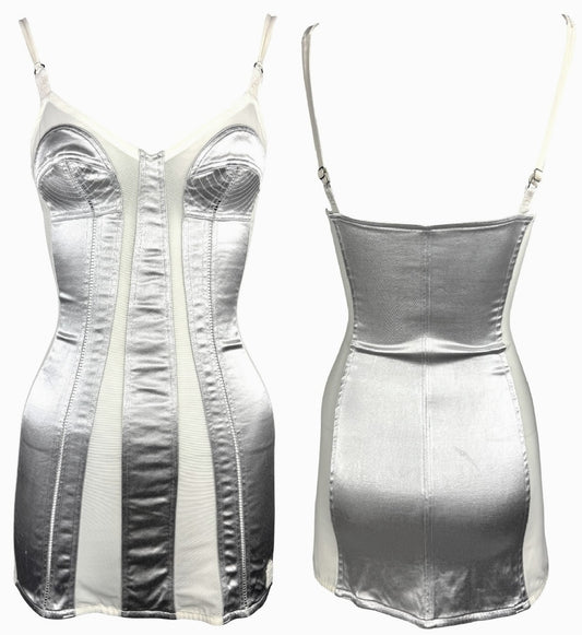 2000's Christian Dior by John Galliano Silver & Sheer Ivory Mesh Cone Bra Style Bodycon Mini Dress