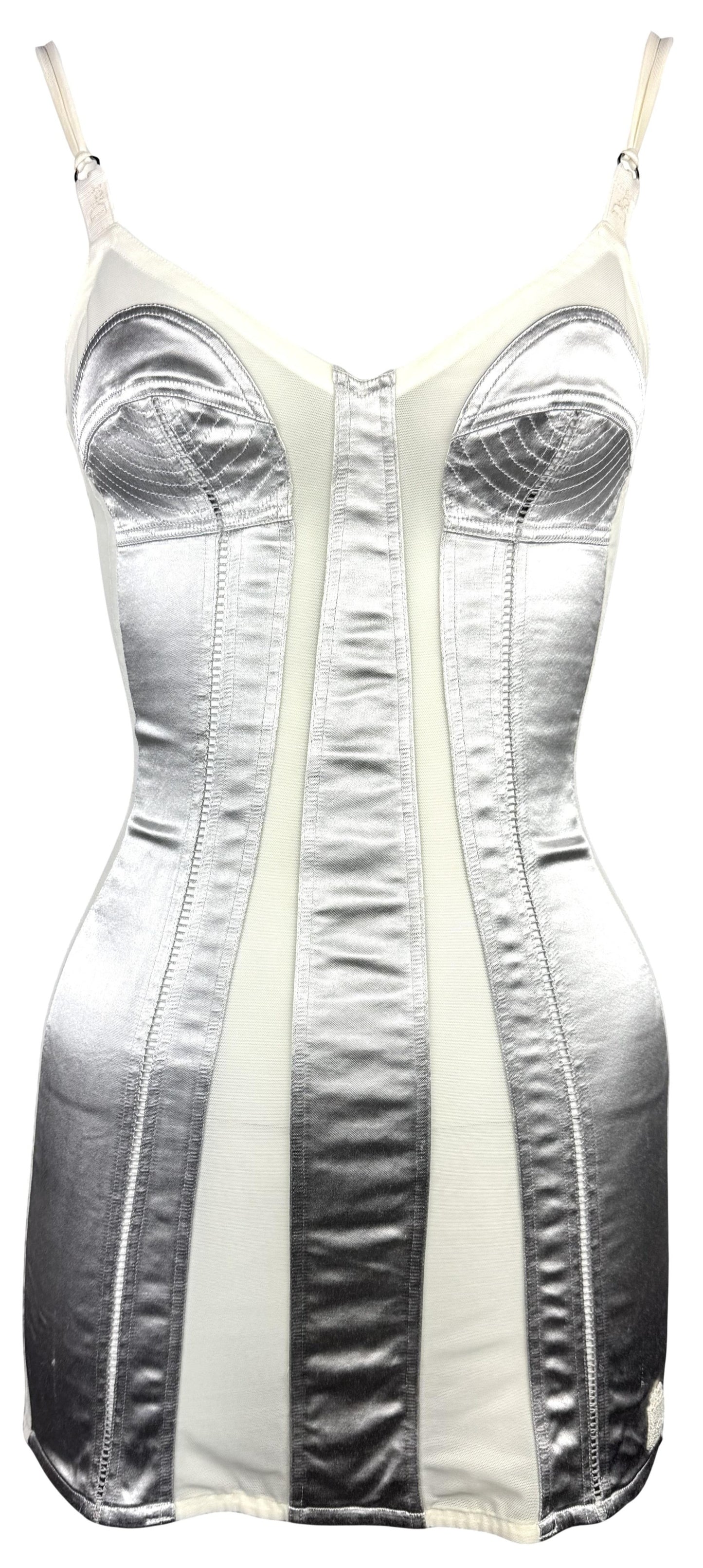 2000's Christian Dior by John Galliano Silver & Sheer Ivory Mesh Cone Bra Style Bodycon Mini Dress