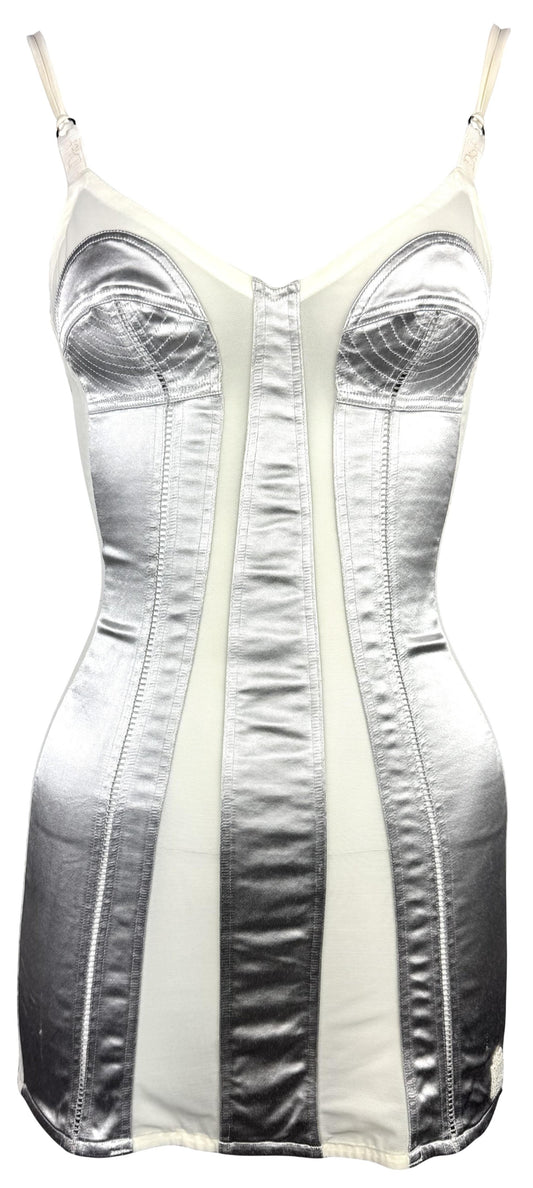 2000's Christian Dior by John Galliano Silver & Sheer Ivory Mesh Cone Bra Style Bodycon Mini Dress