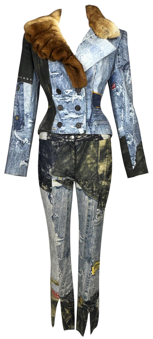 2000's Christian Dior x John Galliano Trompe L'oeil Denim Fitted Jacket w Fur Collar Sheer White Cut-Out Circles Crop Top & Leather Pants Set
