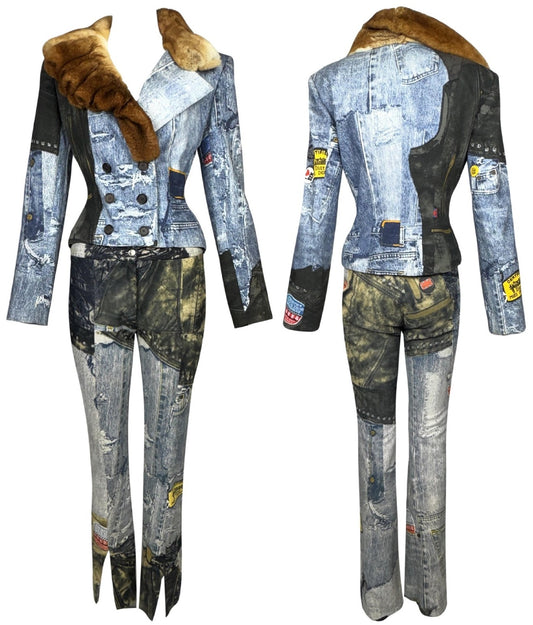 2000's Christian Dior x John Galliano Trompe L'oeil Denim Fitted Jacket w Fur Collar Sheer White Cut-Out Circles Crop Top & Leather Pants Set