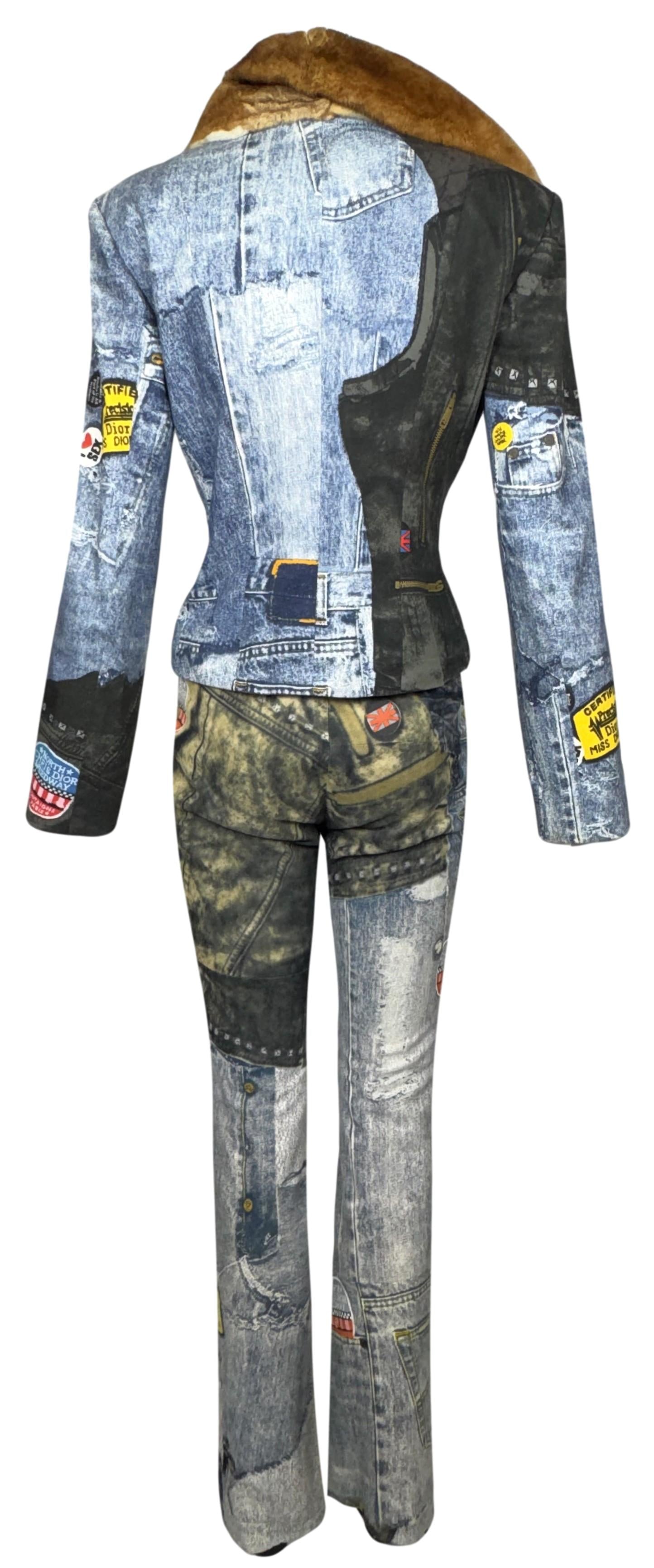 2000's Christian Dior x John Galliano Trompe L'oeil Denim Fitted Jacket w Fur Collar Sheer White Cut-Out Circles Crop Top & Leather Pants Set