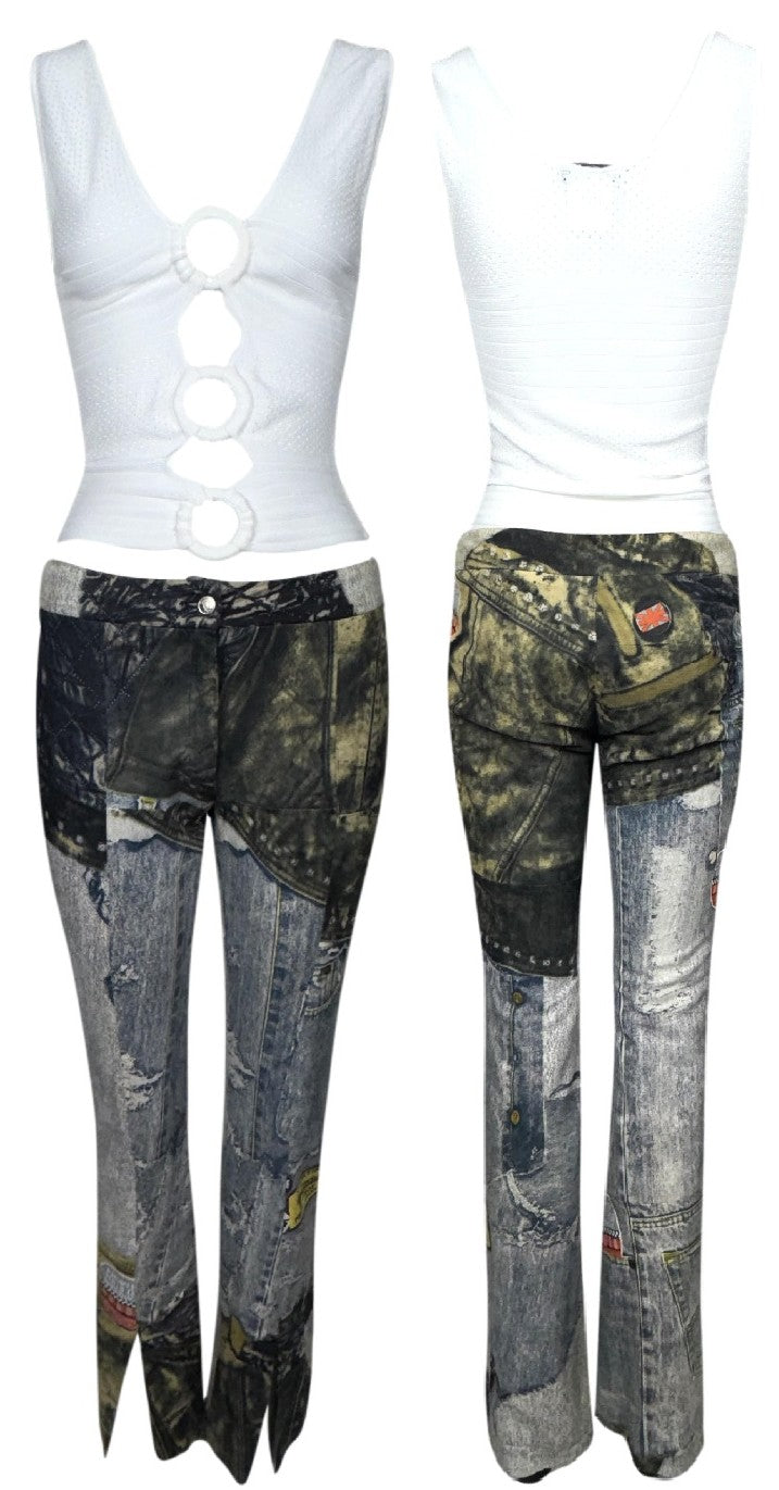 2000's Christian Dior x John Galliano Trompe L'oeil Denim Fitted Jacket w Fur Collar Sheer White Cut-Out Circles Crop Top & Leather Pants Set