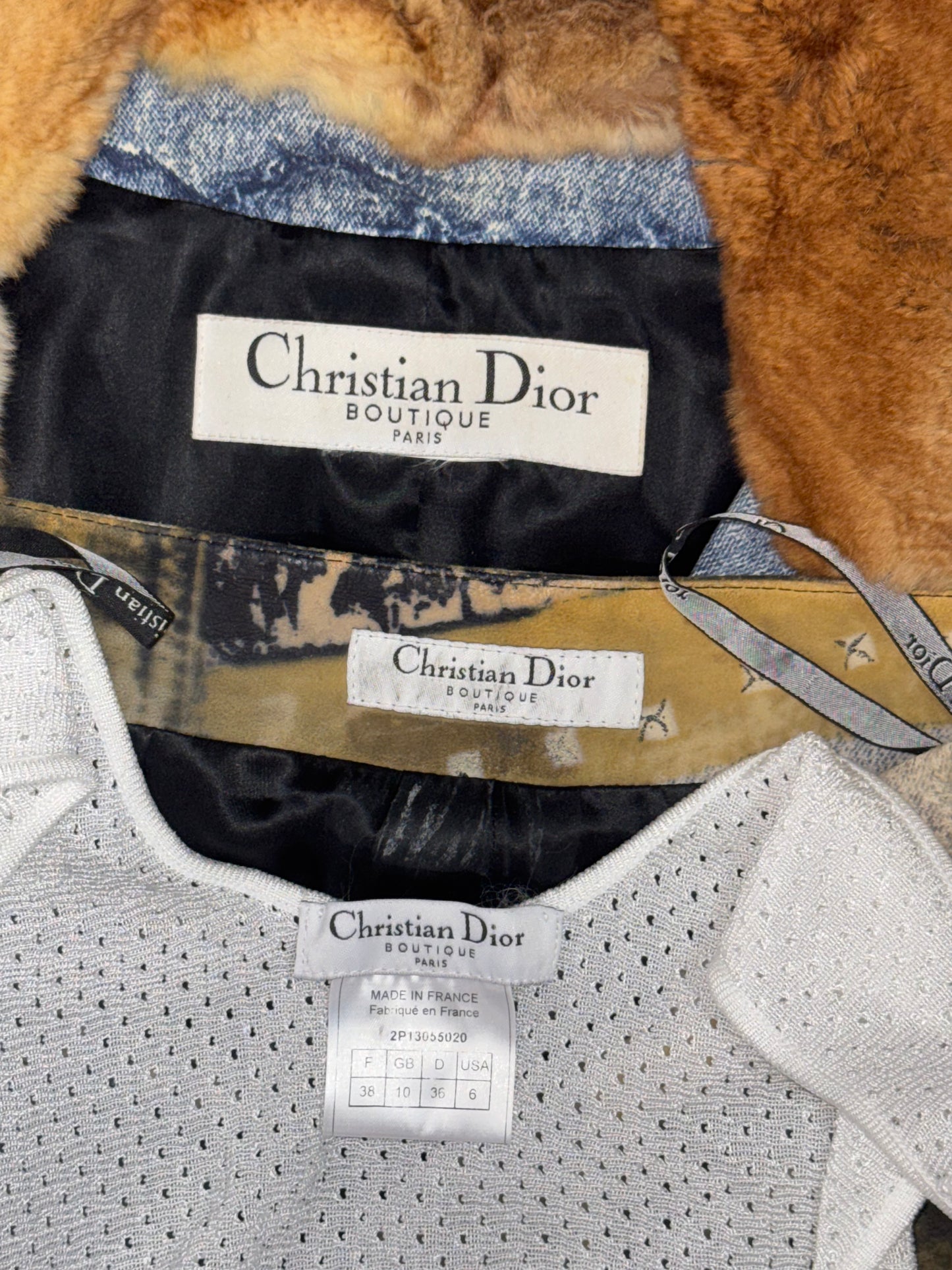 2000's Christian Dior x John Galliano Trompe L'oeil Denim Fitted Jacket w Fur Collar Sheer White Cut-Out Circles Crop Top & Leather Pants Set