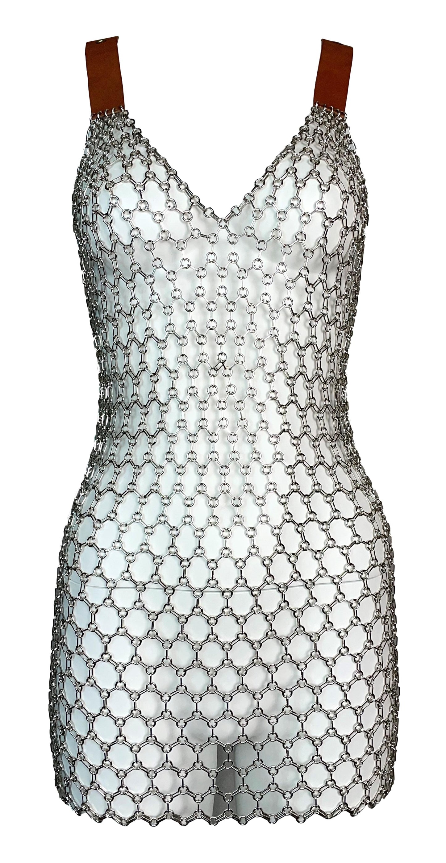 S/S 2003 Dolce & Gabbana Silver Chainmail Metal Mesh Leather Buckle Straps Mini Dress