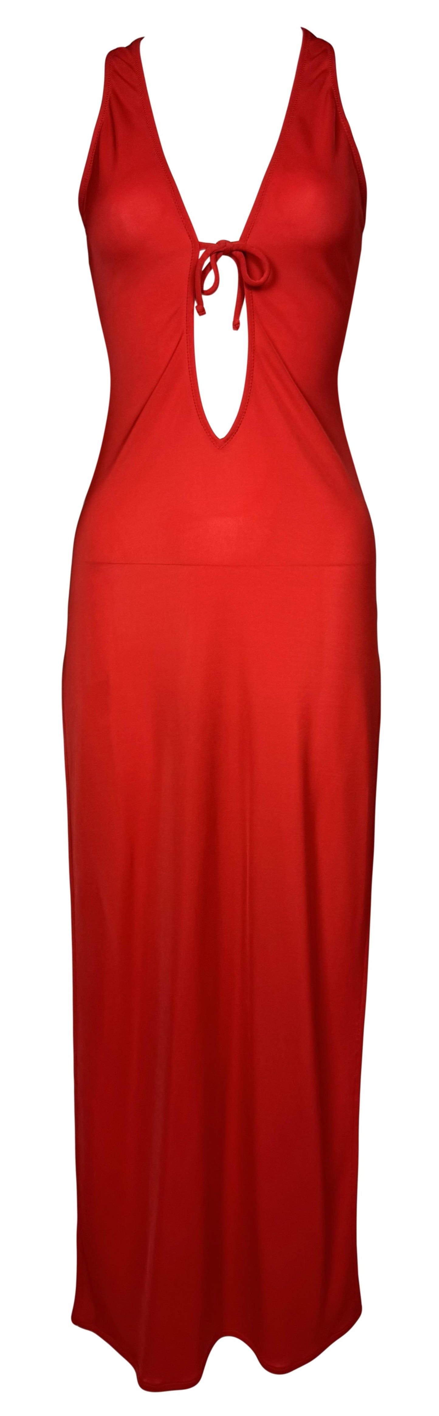 2000's Dolce & Gabbana Red Plunging Cut-Out High Slit Maxi Dress