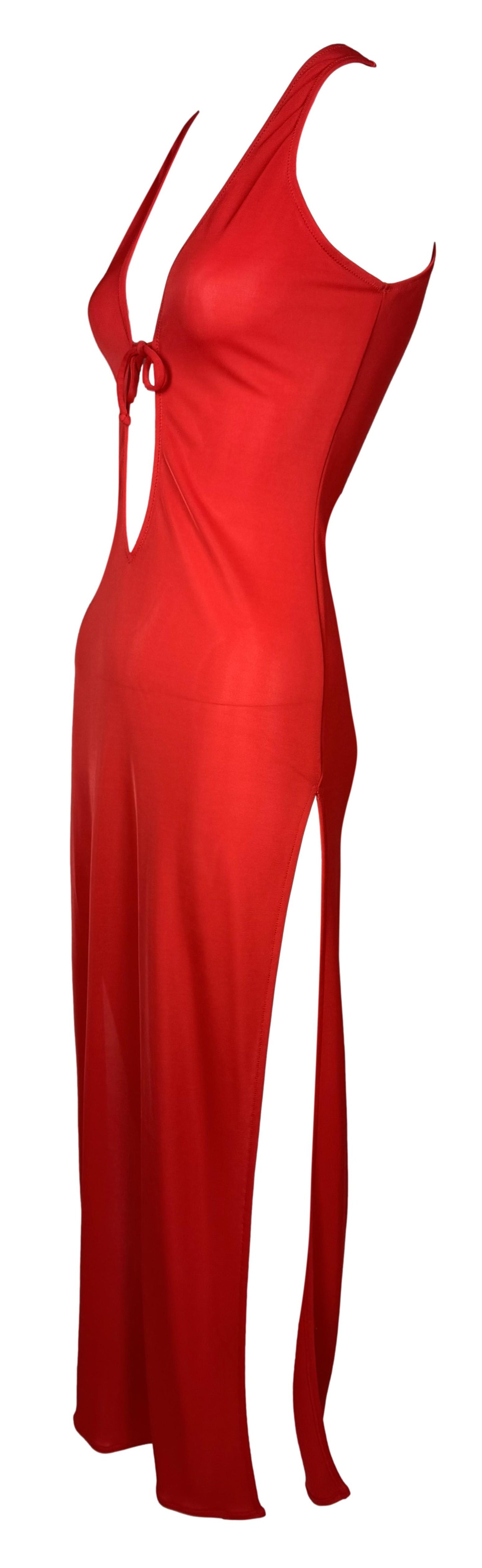 2000's Dolce & Gabbana Red Plunging Cut-Out High Slit Maxi Dress
