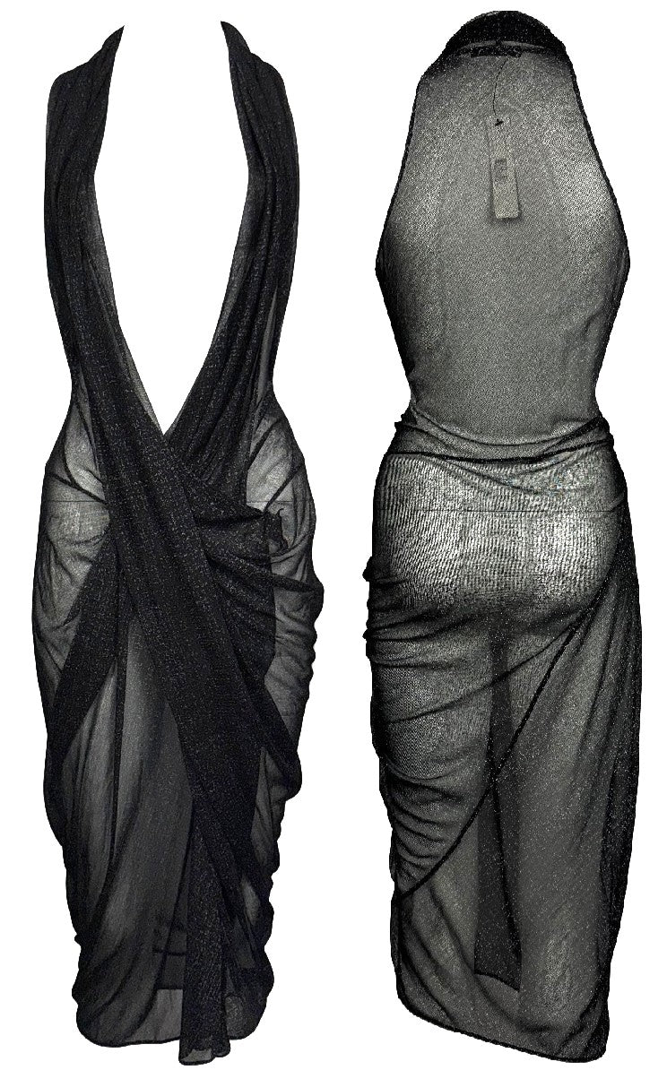 NWT 2000's Donna Karan Sheer Metallic Black Plunging Ruched SEXY Midi Dress