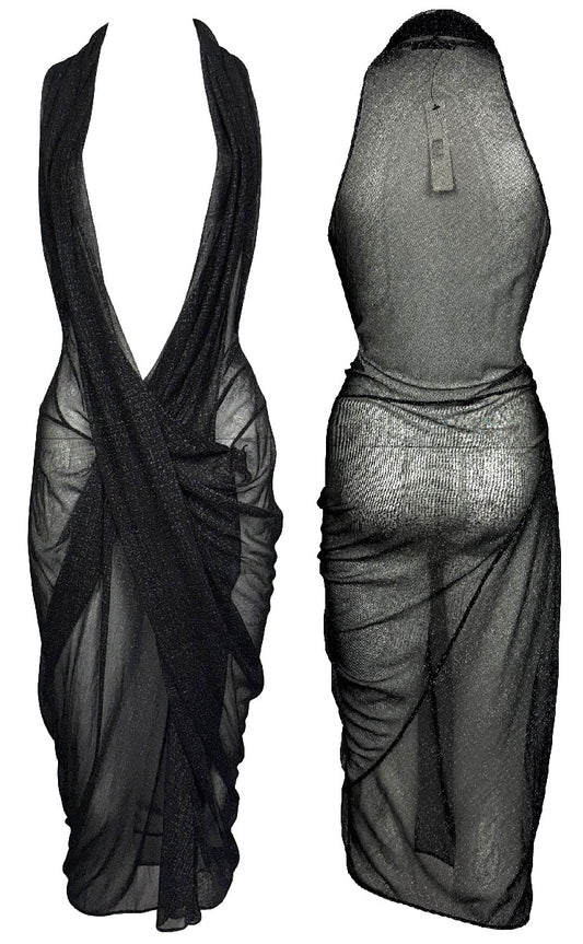 NWT 2000's Donna Karan Sheer Metallic Black Plunging Ruched SEXY Midi Dress