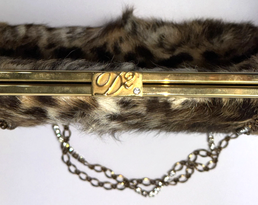 2000's Dsquared2 Leopard Fur Handbag Clutch Crystal Chain Strap