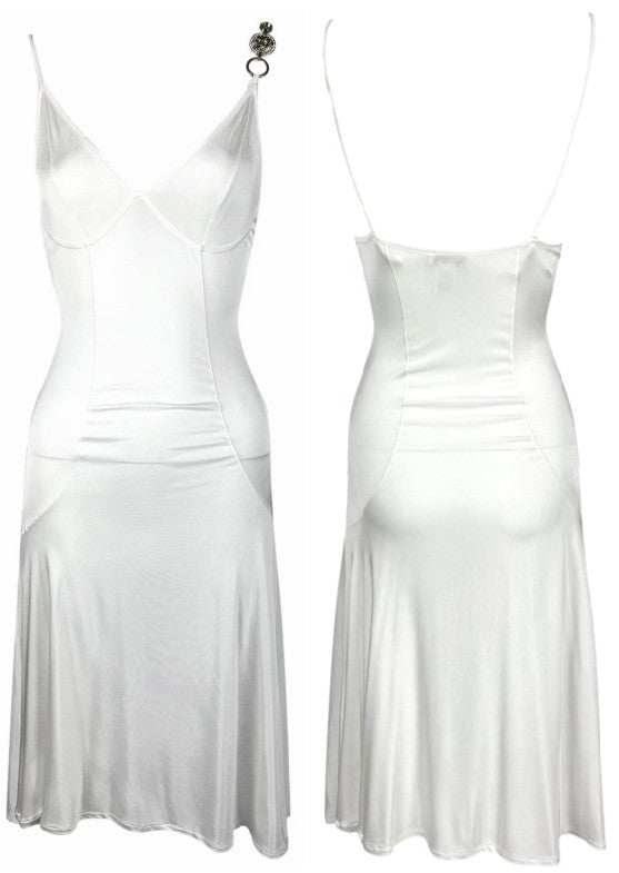 Early 2000's Versace x Donatella Sheer White Slinky Gold Medusa Strap Mini Dress