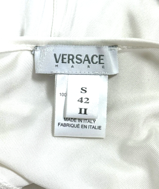Early 2000's Versace x Donatella Sheer White Slinky Gold Medusa Strap Mini Dress