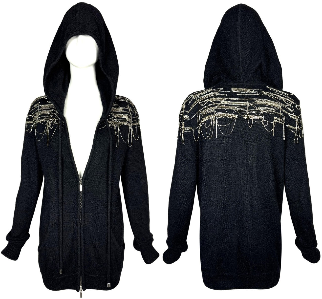2000's Emanuel Ungaro Black Hoodie Hooded Silver Chain & Crystal Embellished Rocker Tunic Jacket Mini Dress