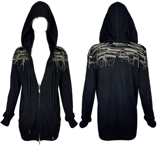 2000's Emanuel Ungaro Black Hoodie Hooded Silver Chain & Crystal Embellished Rocker Tunic Jacket Mini Dress