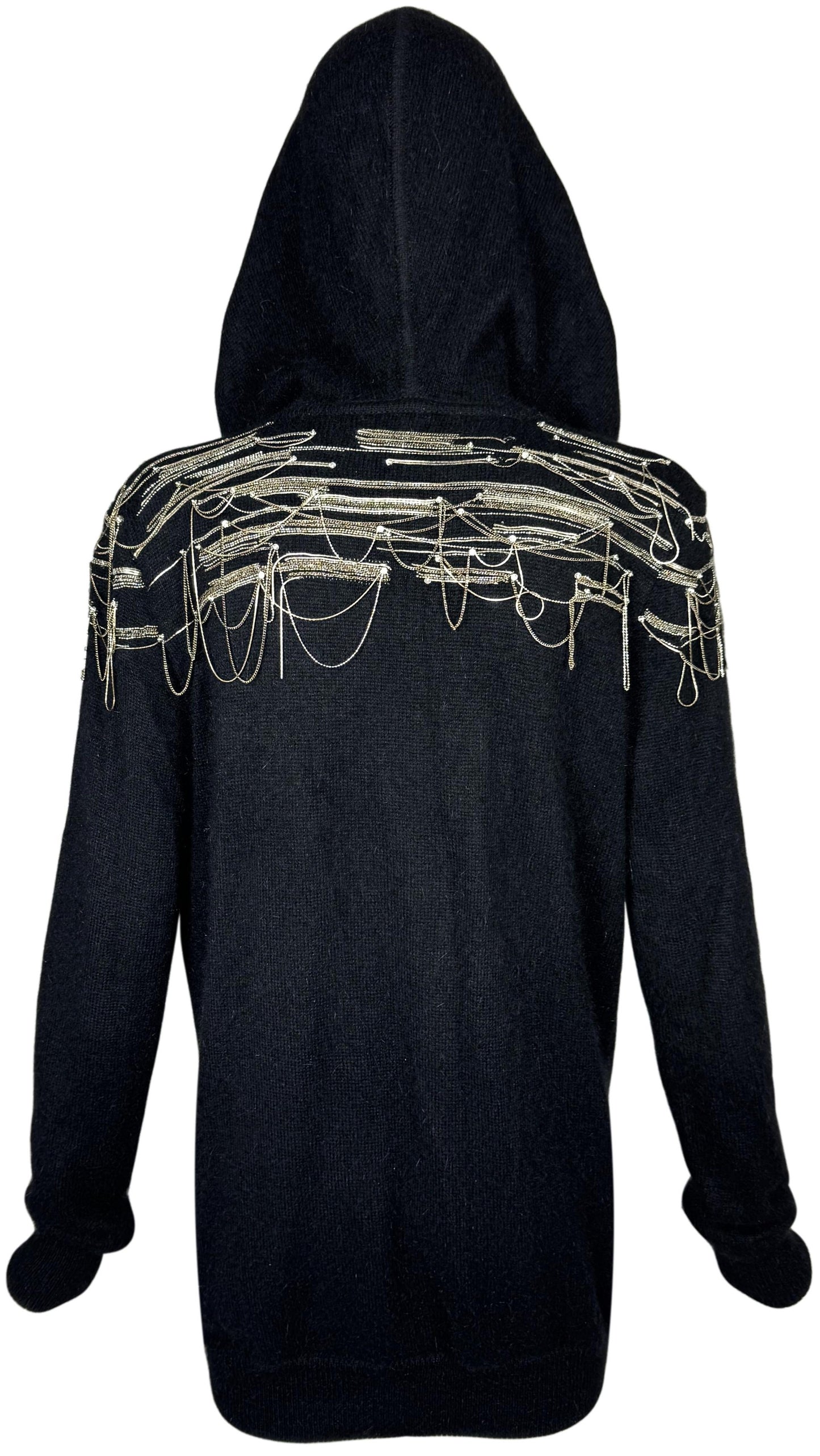 2000's Emanuel Ungaro Black Hoodie Hooded Silver Chain & Crystal Embellished Rocker Tunic Jacket Mini Dress