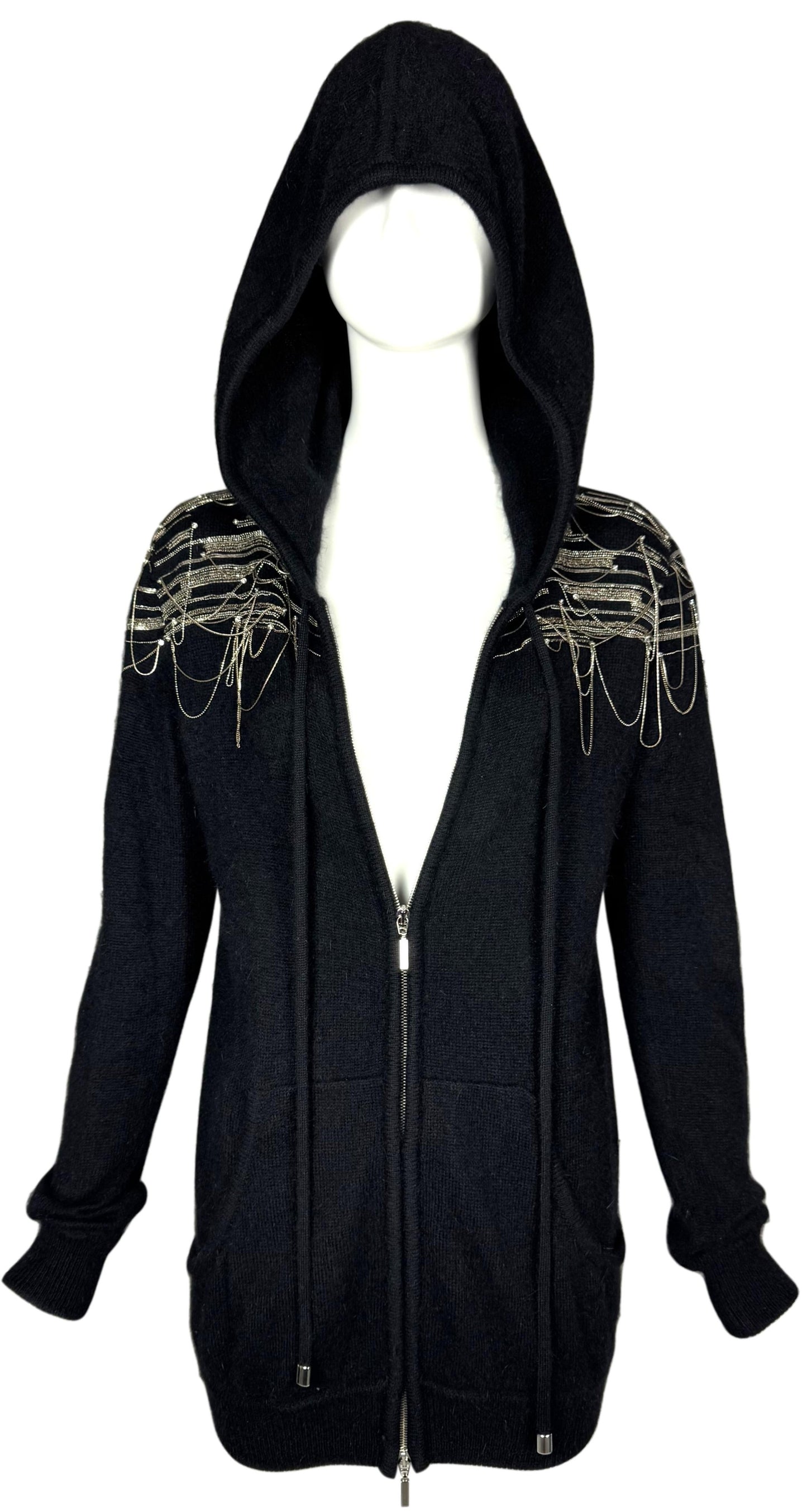 2000's Emanuel Ungaro Black Hoodie Hooded Silver Chain & Crystal Embellished Rocker Tunic Jacket Mini Dress