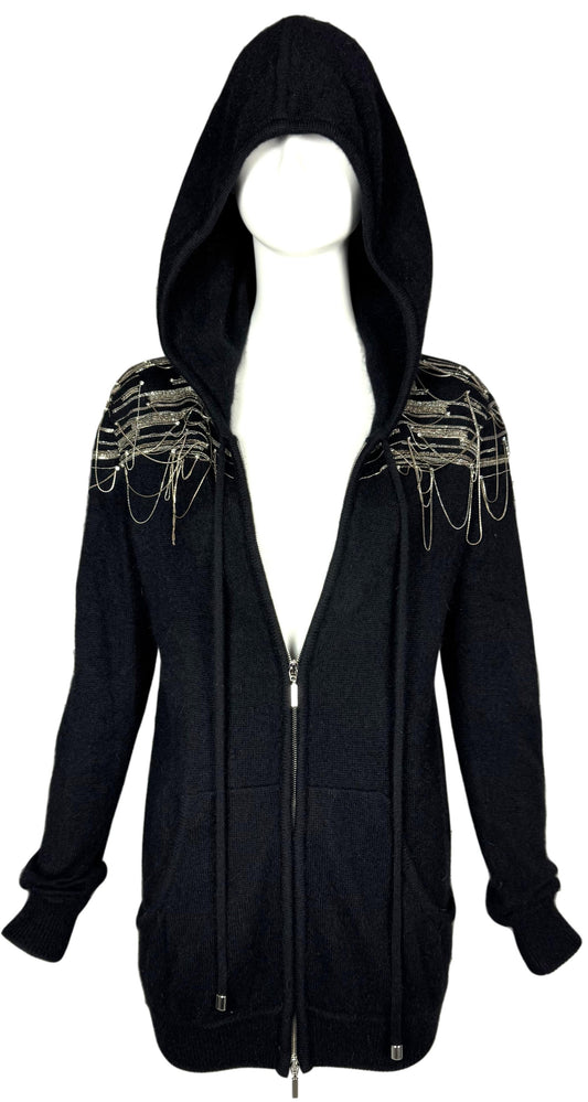 2000's Emanuel Ungaro Black Hoodie Hooded Silver Chain & Crystal Embellished Rocker Tunic Jacket Mini Dress