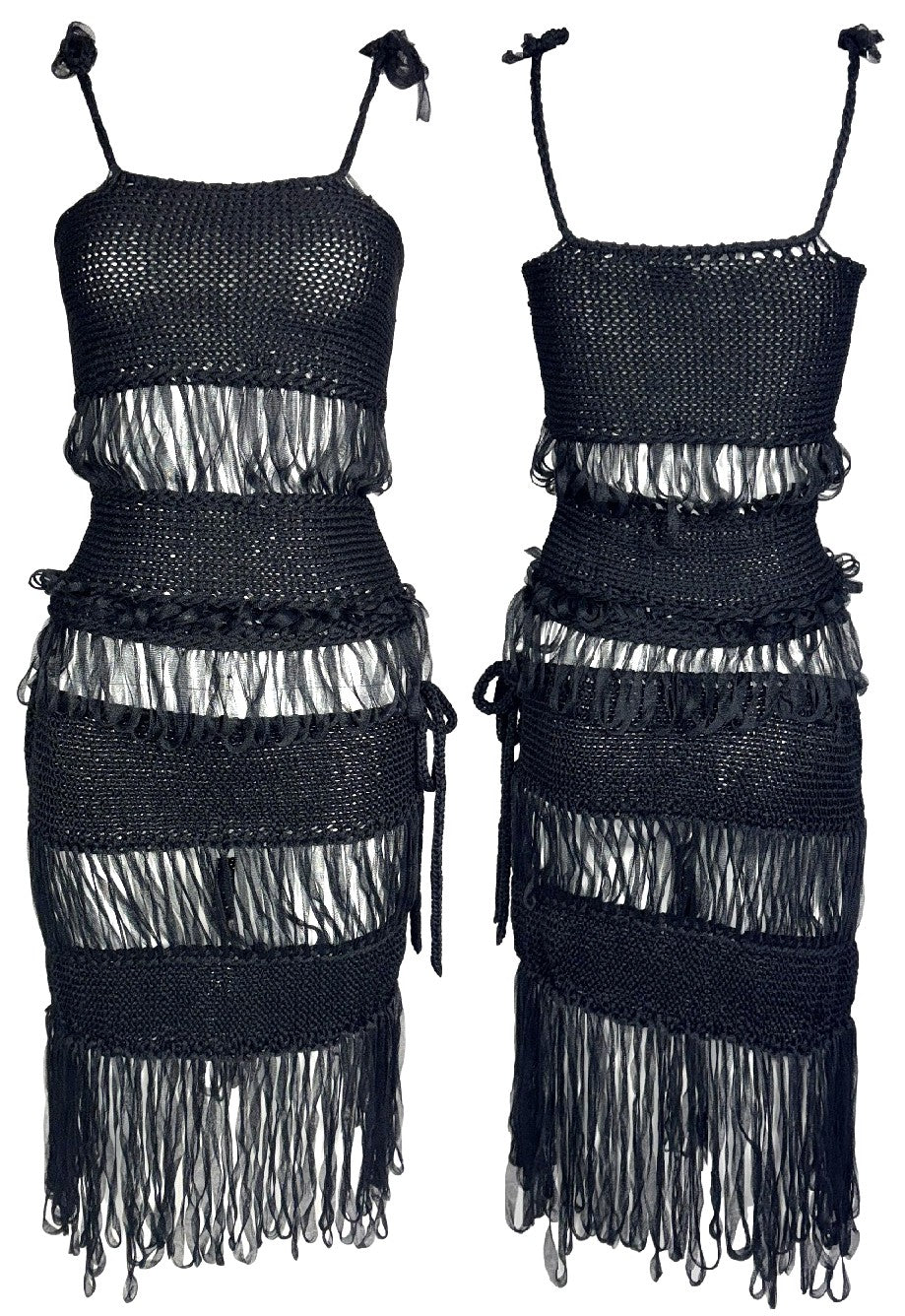2000's GF Ferre x Gianfranco Ferre Sheer Black Woven Nylon Fringe Top & Skirt Set