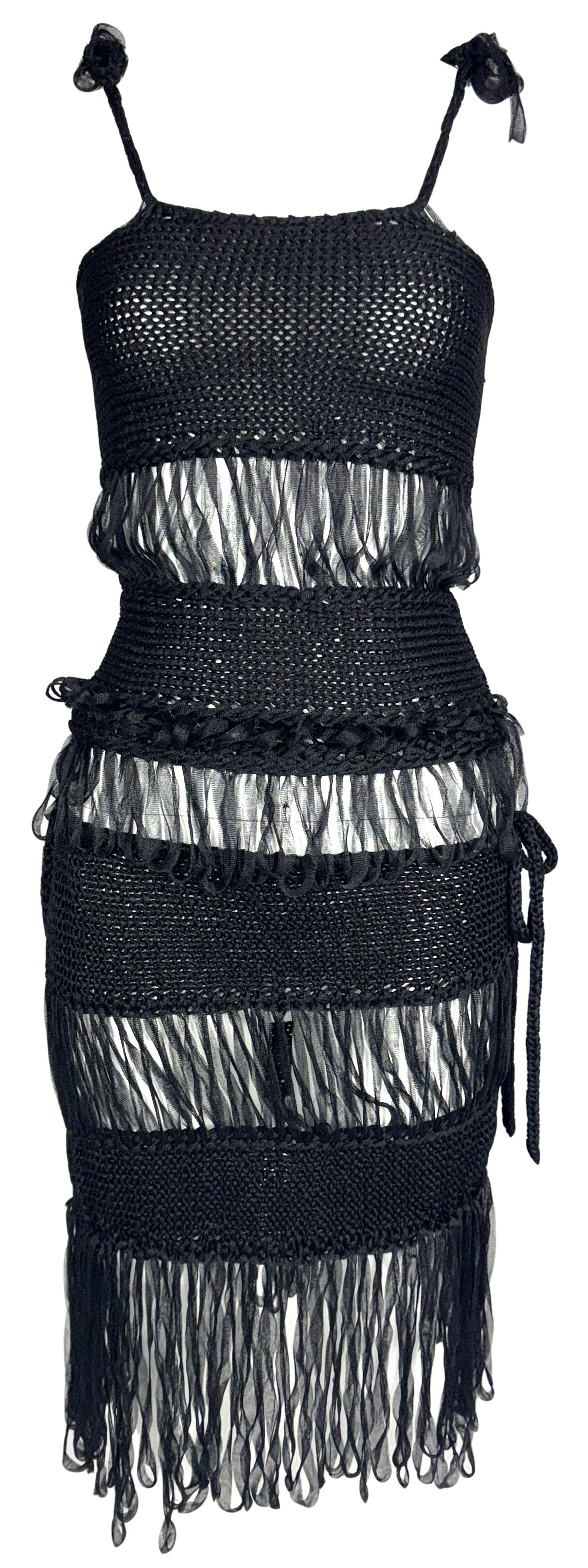2000's GF Ferre x Gianfranco Ferre Sheer Black Woven Nylon Fringe Top & Skirt Set