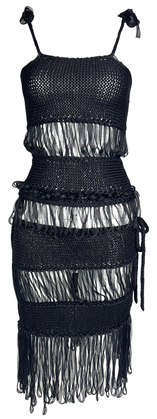 2000's GF Ferre x Gianfranco Ferre Sheer Black Woven Nylon Fringe Top & Skirt Set