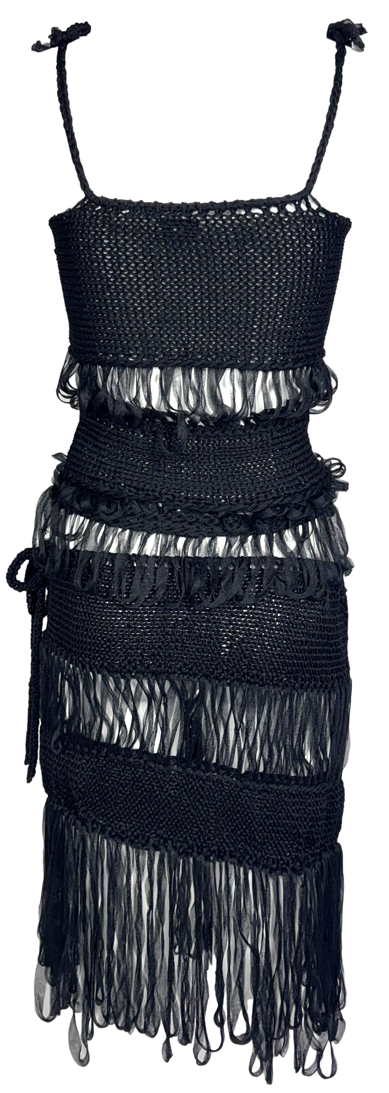 2000's GF Ferre x Gianfranco Ferre Sheer Black Woven Nylon Fringe Top & Skirt Set