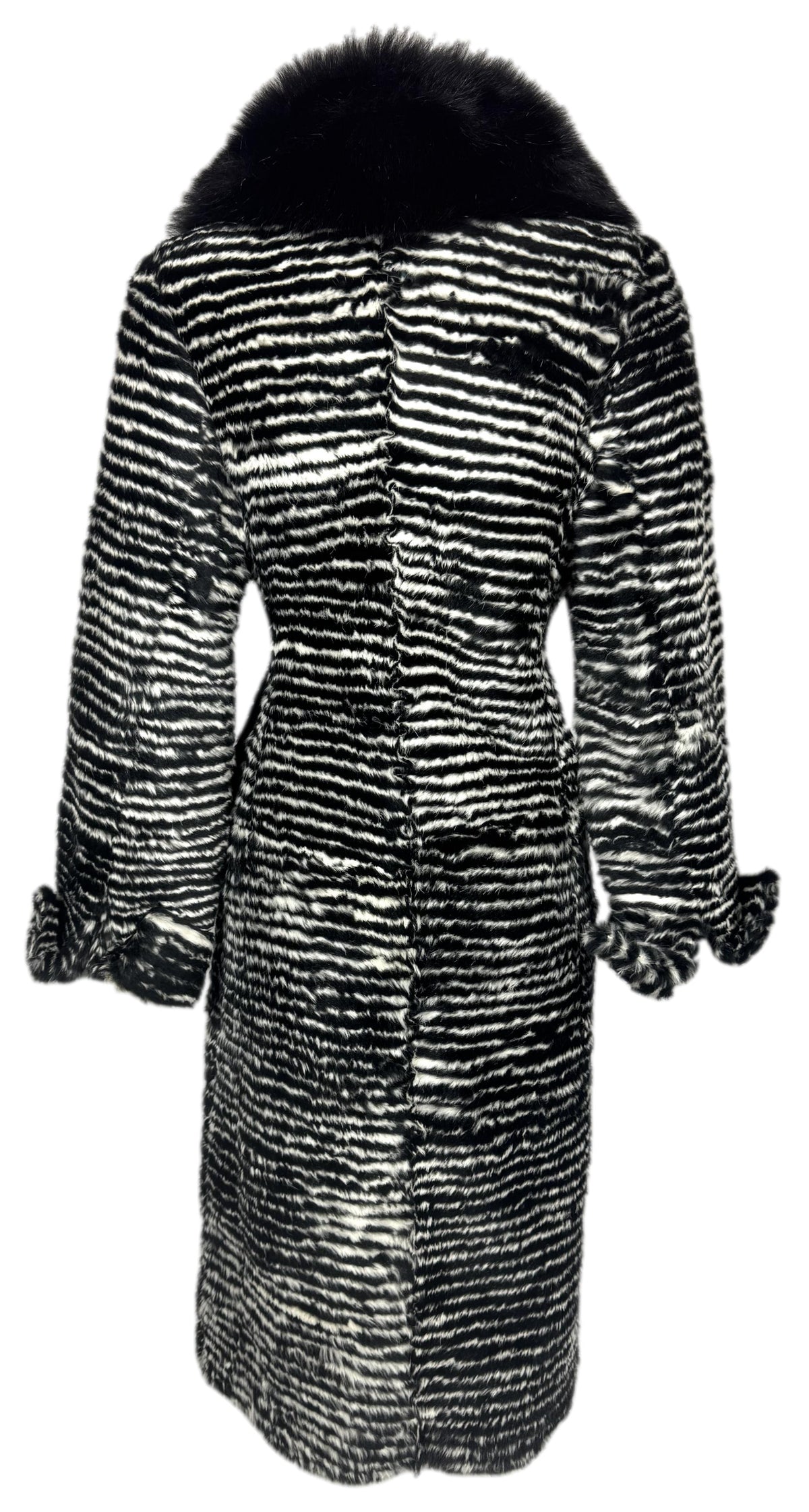 2000's Gianfranco Ferre Black & White Striped Rabbit & Fox Fur Long Jacket Coat