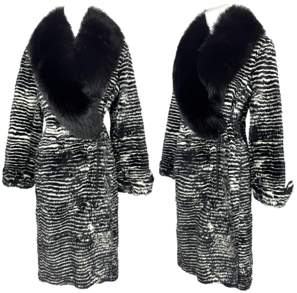 2000's Gianfranco Ferre Black & White Striped Rabbit & Fox Fur Long Jacket Coat