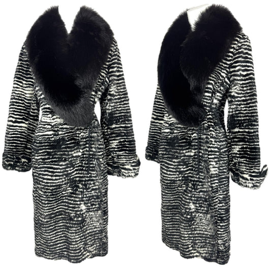 2000's Gianfranco Ferre Black & White Striped Rabbit & Fox Fur Long Jacket Coat