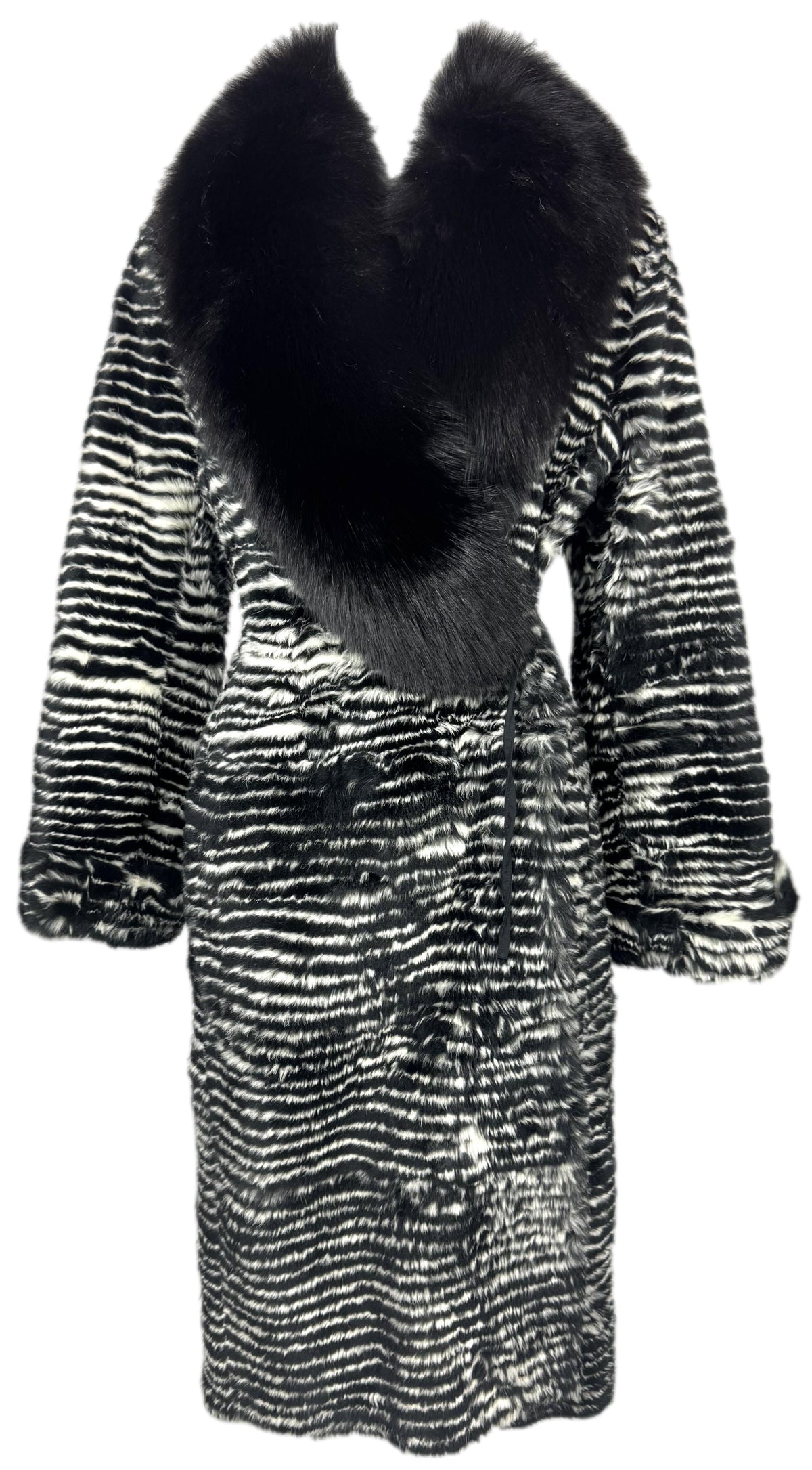 2000's Gianfranco Ferre Black & White Striped Rabbit & Fox Fur Long Jacket Coat