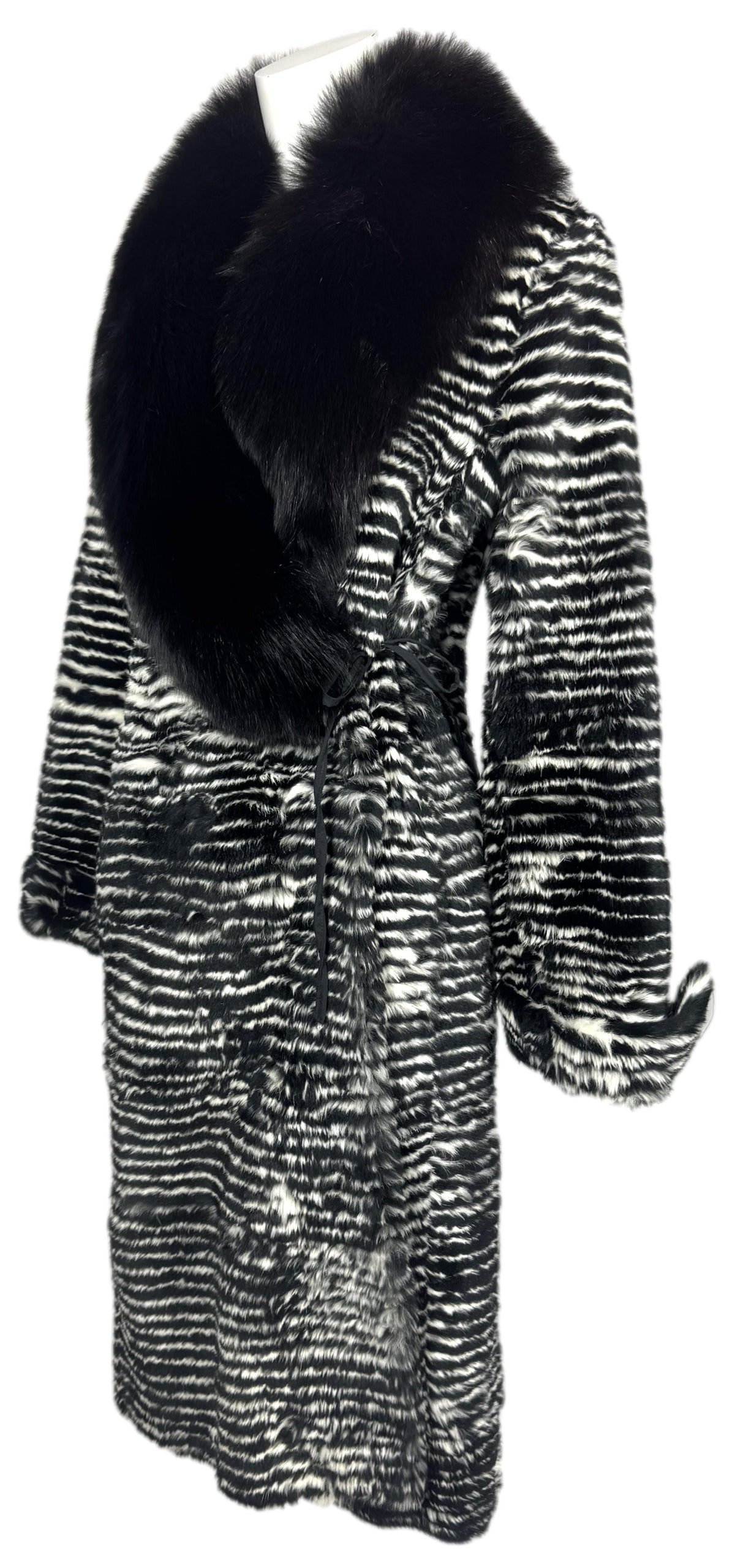 2000's Gianfranco Ferre Black & White Striped Rabbit & Fox Fur Long Jacket Coat