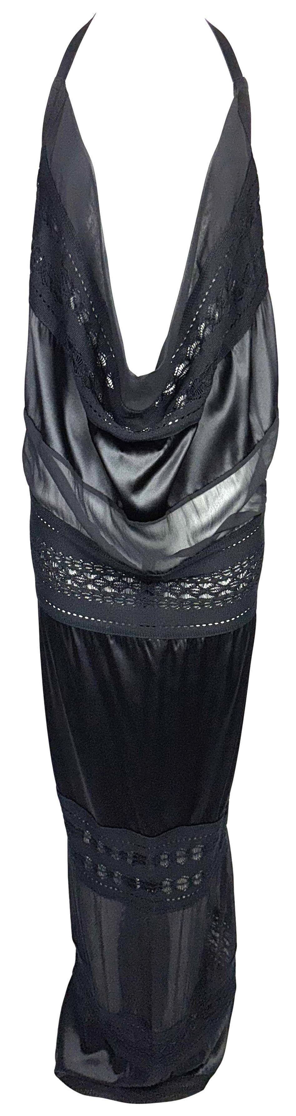 NWT 2008 Gianfranco Ferre Sheer Black Knit & Silk Plunging Backless Halter Maxi Gown Dress