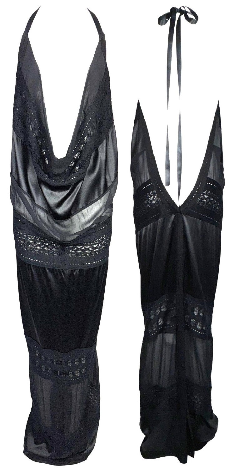 NWT 2008 Gianfranco Ferre Sheer Black Knit & Silk Plunging Backless Halter Maxi Gown Dress
